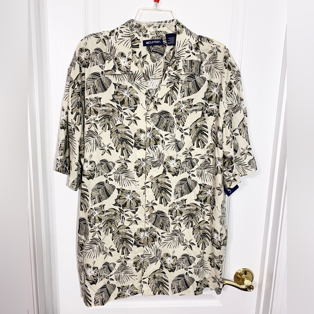 Y2K Puritan Tropical Floral Button Down Shirt Neutral Colors Men’s Large
